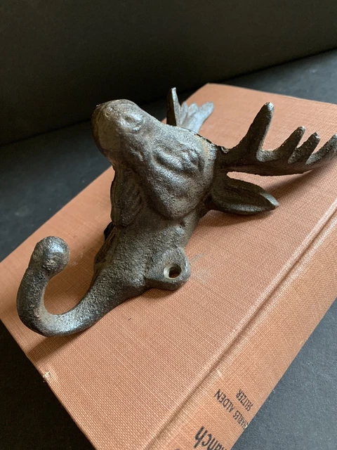 Rustic Cast Iron Moose Elk Head Wall Mounted Coat Hat Towel Hook 6.5” Set of 2