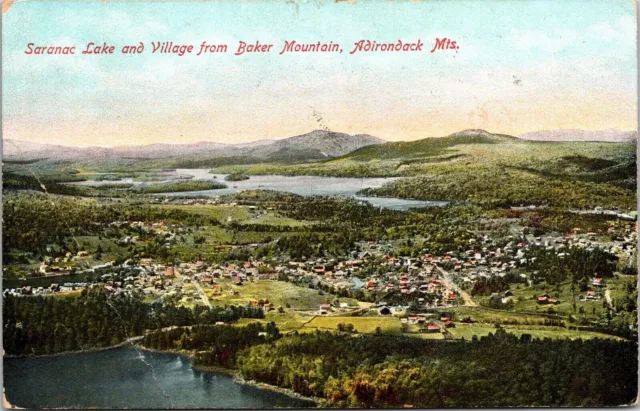 Saranac Lake Village Baker Mountain Adirondack Mts Aerial View WOB Postcard
