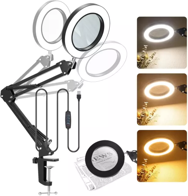 Magnifying Glass with Light and Stand, 2 in 1 LED Magnifier Desk Lamp with Clamp