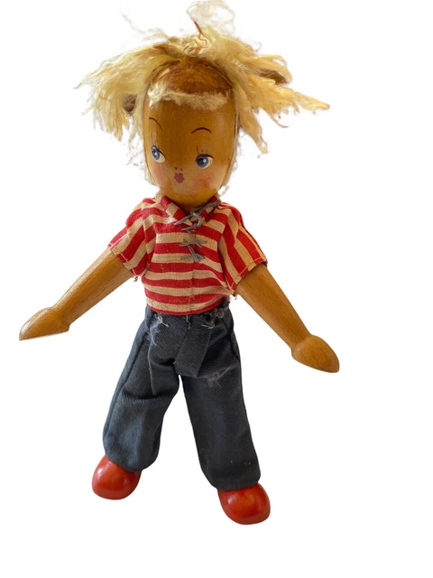 Vintage Polish Wooden Peg Leg Boy Doll Girl Made in Poland Folk Art