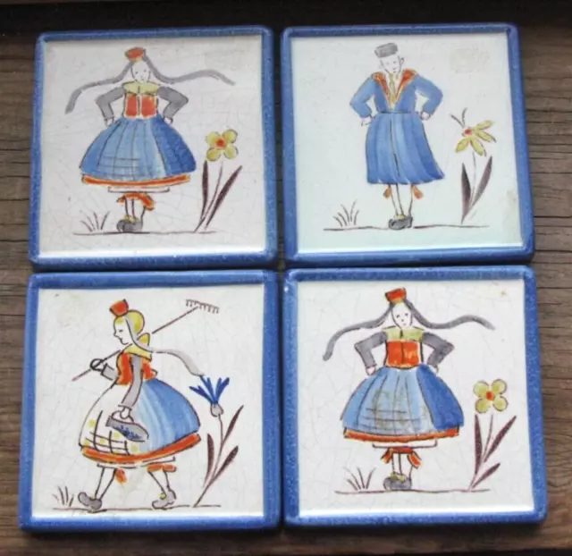 Lot of 4 VINTAGE Beehive Mark VIENNA AUSTRIA Quimper CERAMIC TILES 3" Girls SO15