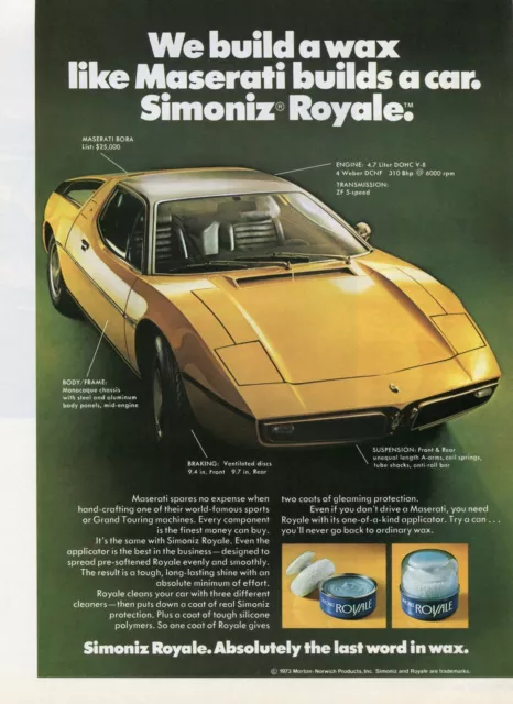 1973 Print Ad of Simoniz Royale Car Wax w Maserati Bora V8 5 Speed