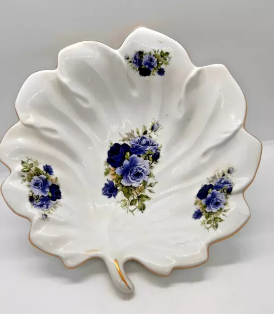 VTG Blue Victorian Rose Leaf Shaped Trinket Decor Bowl Formalities Baum Bros EUC