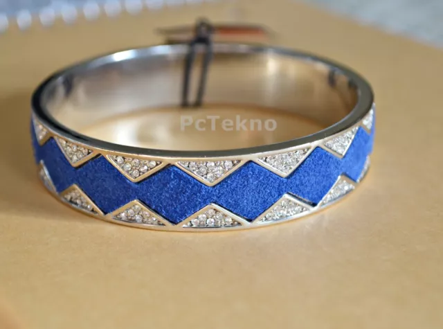 House of Harlow Silver-tone Pave Suede Cobalt Blue Sunburst Bangle Bracelet NWT