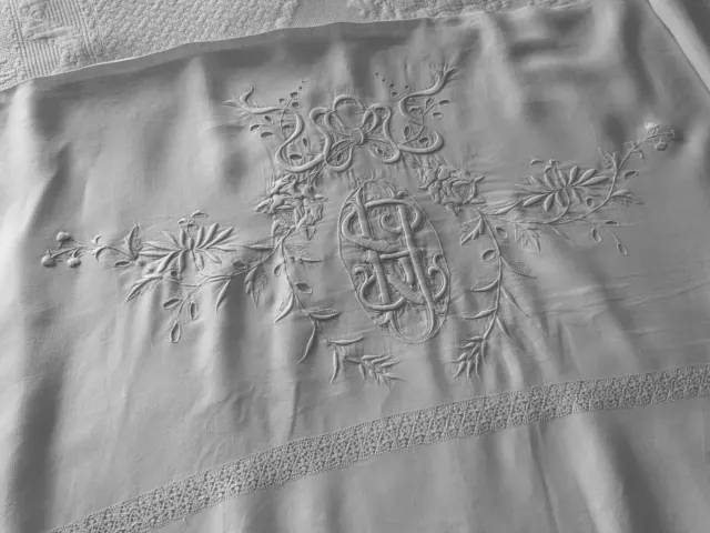 linge ancien Drap De Mariage BRODÉ AVEC RETOUR  Grand Monogramme HT Entrelacés