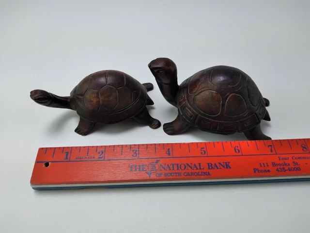VTG Hand Carved Hardwood Folk Art TORTOISE TURTLE Sculpture Figure 4" Lot of 2