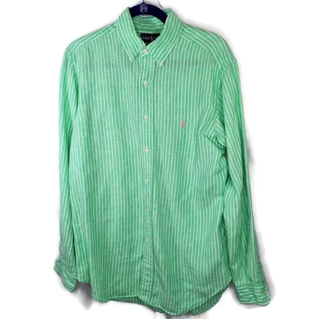 Men's Ralph Lauren Classic Fit Linen Green White Stripe Button-down Shirt Medium