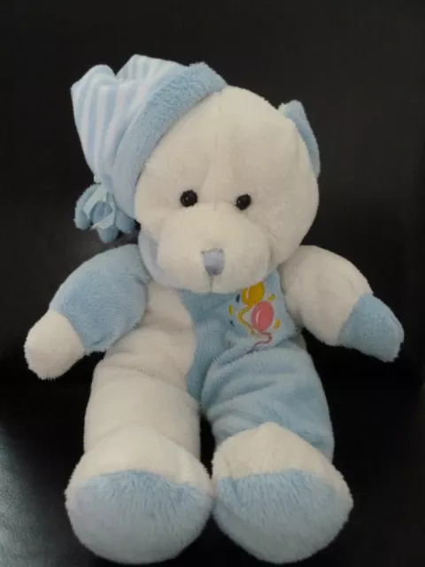 R1- DOUDOU PELUCHE STARTOY OURS BLANC BLEU BALLON ROSE JAUNE BONNET 33cm TTBE
