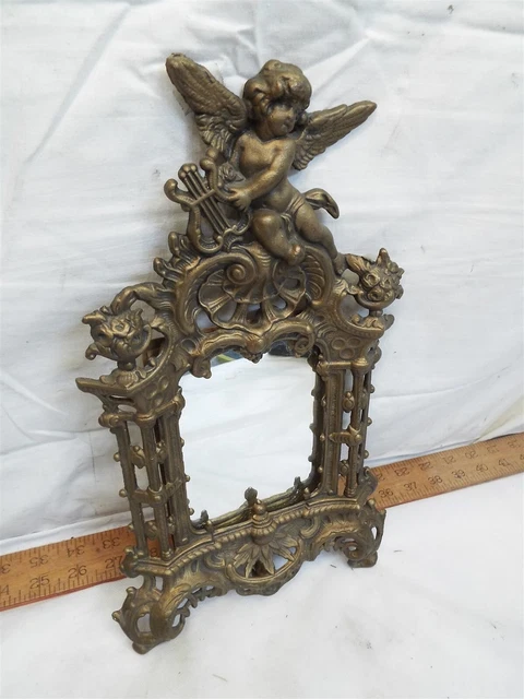 Antique Cast Iron Brass Finish Ornate Art Nouveau Cherub Picture Frame Mirror