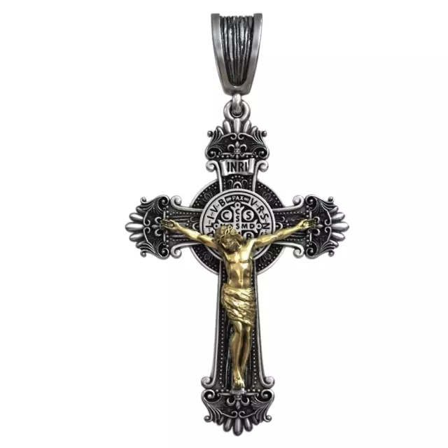 20g Long Crucifix Jesus Cross Catholic Medal Saint Benedict 925 SOLID STERLING