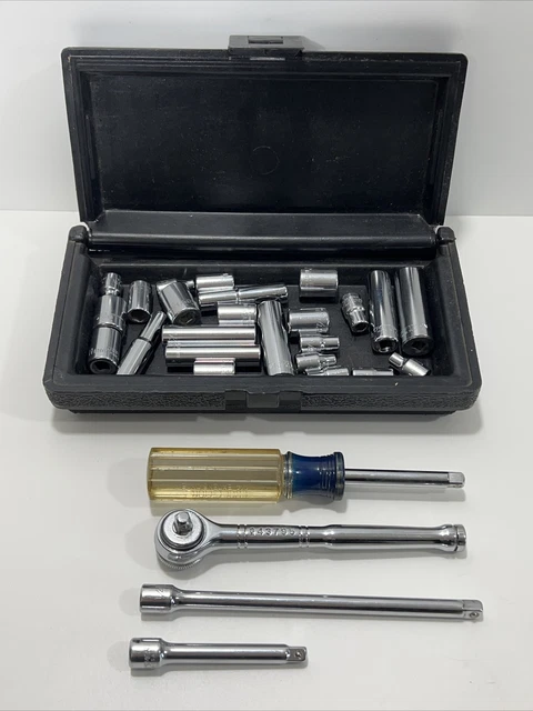 USA CRAFTSMAN 1/4” Drive Ratchet & Spinner Handle MOLDED CASE, 2 Ext, 24 Sockets