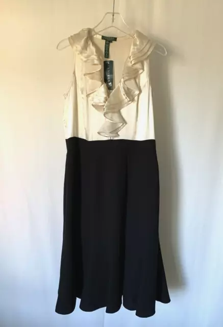 Vintage Ralph Lauren Womens Dress 12 Silk Cream Black Ruffles New LRL 90s Y2K