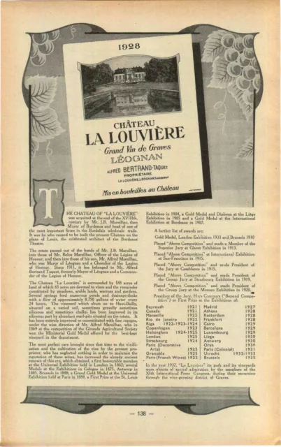 ADVERT " Mini Poster " Chateau La Louviere Alfred Bertrand Taquet Vineyard Wine