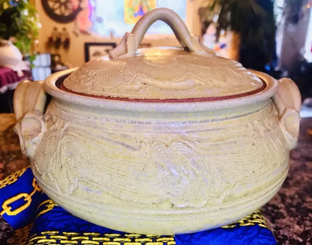 Vintage Earthen Ware Stone Glaze Engraved Studio Pottery Bohemian Bowl Lid Green 3