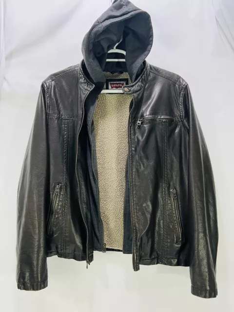 Levis Faux Leather Fleece Lined Trucker Jacket Moto Hoodie Brown DISTRESSED SZ L