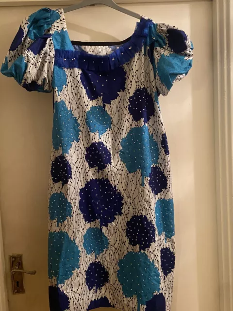 Ladies/ Women’s African Ankara Print Dress Blue & White- UK Size 14