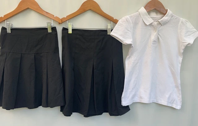 Girls bundle school uniform Skirts black polo shirt white age 7-8 years M&S