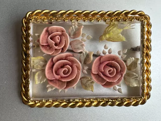 Splendido Francese Lucite Spilla,Reverse-Carved Rose, Foglie, Bird Colorato W 2