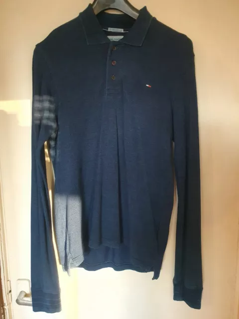 Mens TOMMY HILFIGER Long Sleeve Polo Shirt Size M Mens Navy Blue Denim Style