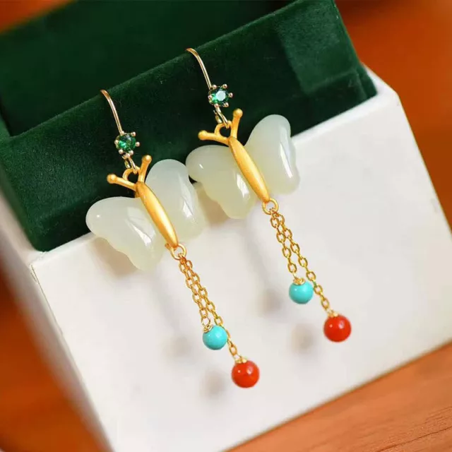 White Jade Butterfly Earrings Women Jewelry 925 Silver Real Luxury Natural