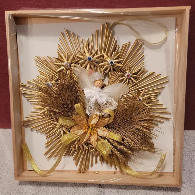 Vintage Christmas Straw Ornament Wall Hanging Angel with Tulle Wings Lace Dress