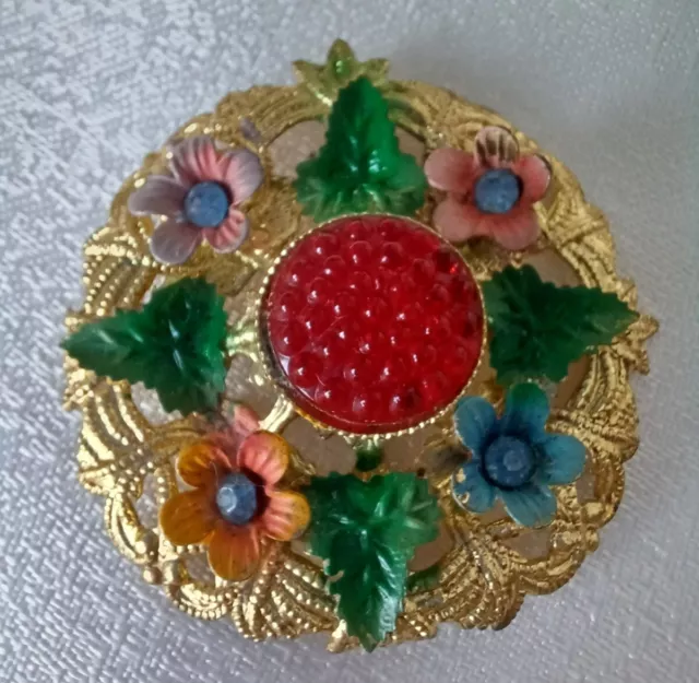 Vintage Czech Filigree Red Moulded Glass/Painted Enamel Round Flower/Leaf Brooch