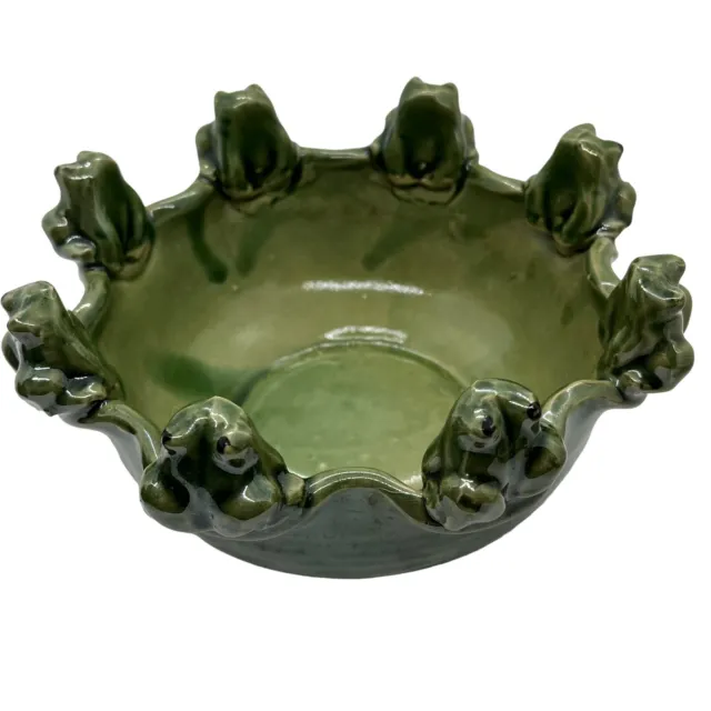 Pottery Frog Bowl 8 Frogs On Rim Majolica Style Green Drip Glaze Unsigned Retro