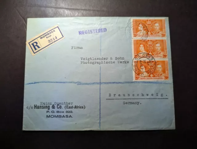 1937 Registered British KUT Cover Mombasa Kenya to Braunschweig Germany