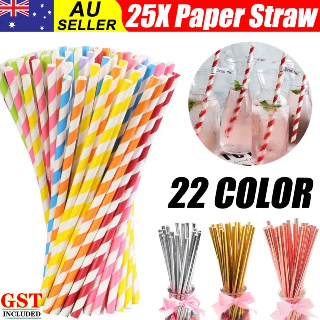 25X Colourful Paper Drinking Straws Straw FOIL Metallic Striped Party Wedding DI