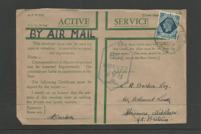 GB 1941 RAF Censor Cover No 299 To Stanmore