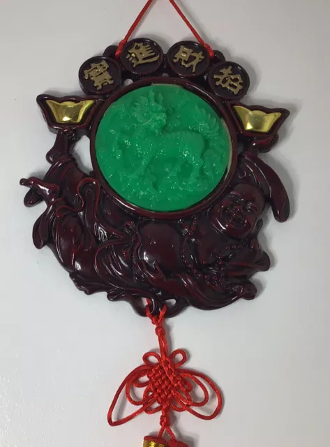 Chinese Faux Jade Dragon Buddha Feng Shui Red Resin Knot Good Luck Wall Art 32” 3