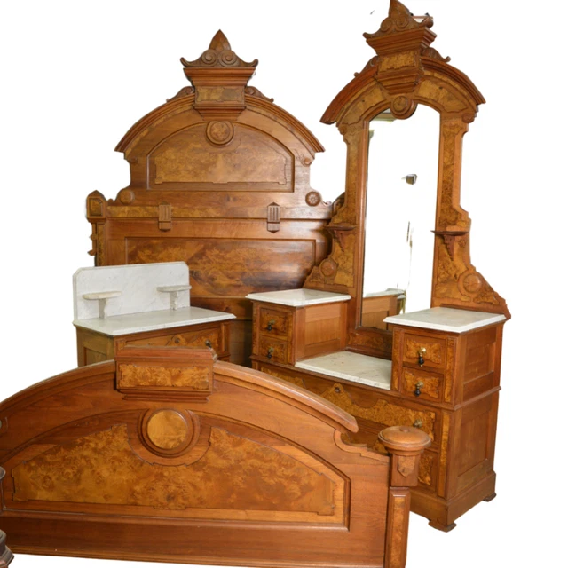 Antique Bed Set, Victorian 3 Piece Burl Walnut Bedroom Suite #21489