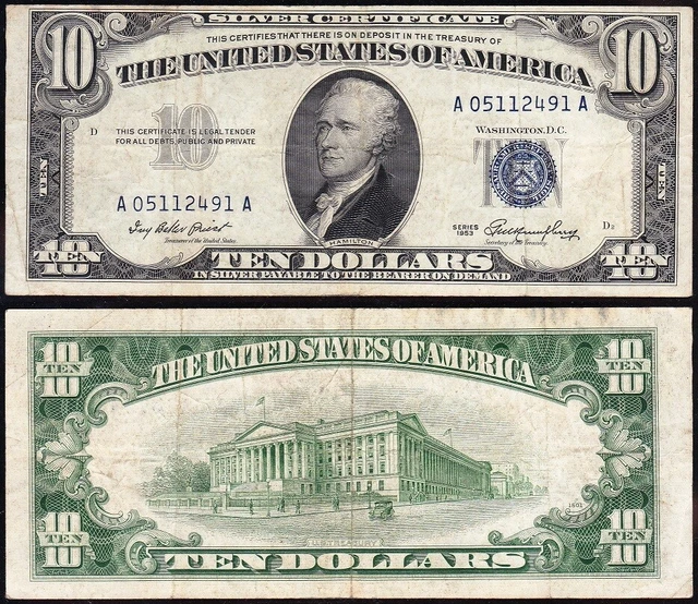 VERY NICE Bold & Crisp VF+ 1953 $10 Silver Certificate! FREE SHIPPING! 12491A