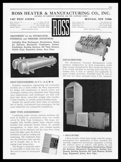 1939 Ross Heater Buffalo New York Exchangers Decalorators Condensers Print Ad
