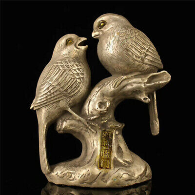 8.26" Collection Chinese Old Tibet Silver gilt carved Double Magpie bird statue