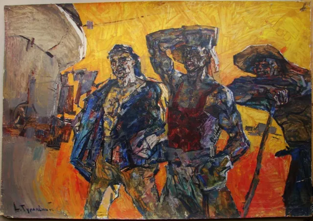 Ukrainian Soviet Oil Painting cubism realism steelmakers working man