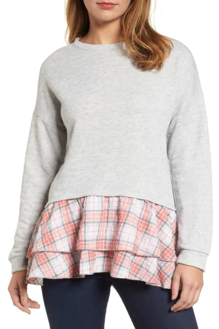 Caslon 164877 Womens Long Sleeve Double Layer Plaid Sweatshirt Petite Gray Sz. S