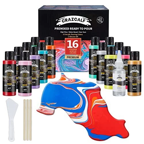 CRAZCALF Peinture Pouring Acrylique 16 Couleurs 60ml, Acrylique Pouring avec Sil