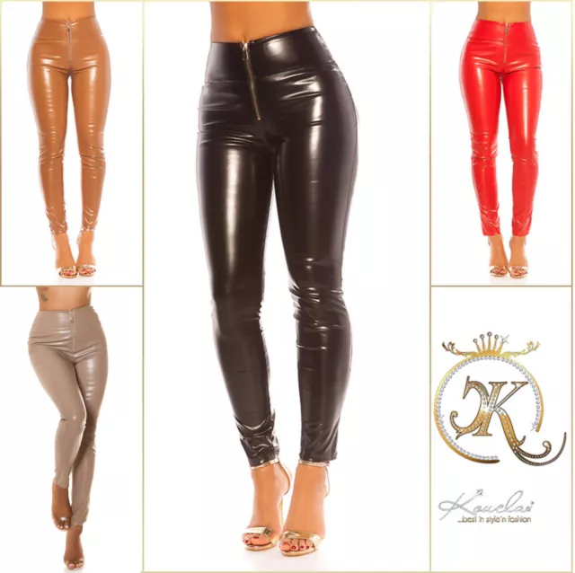 Koucla Haut Taille Look Mouillé Simili Cuir Pantalon Avec Zip Milax-Fashion