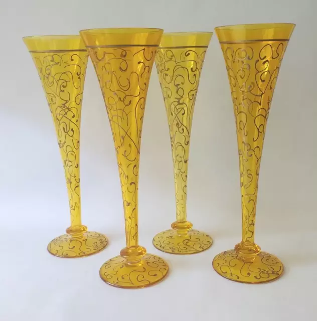 4 Royal Danube Romania Gold Crystal Champagne Flutes Glasses Hand Painted 8 oz
