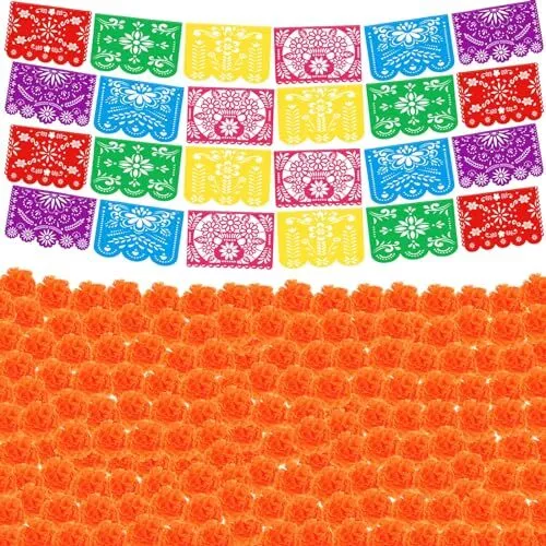 124 Pcs Mexican Party Banner Decor Papel Picado Day of The Dead Bunting Fiest...