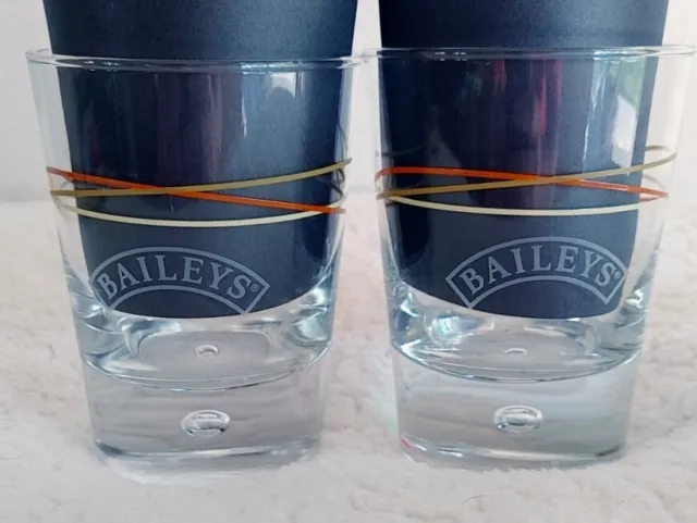 Set Of 2 BAILEYS Swirl Lined, Etched 4" High Ball Glasses with Bubble Base