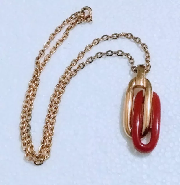 Vintage Crown Trifari Necklace Gold Chain Red Lucite Modernist Pendant