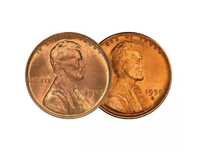 1947 P & 1950 S Lincoln Wheat Cent Choice BU 1c Brilliant Uncirculated - 2 Set