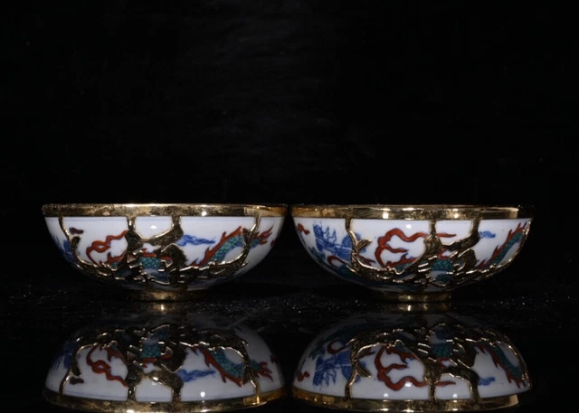 3.7" Antique dynasty Porcelain chenghua mark pair doucai Bronze inlay Dragon cup