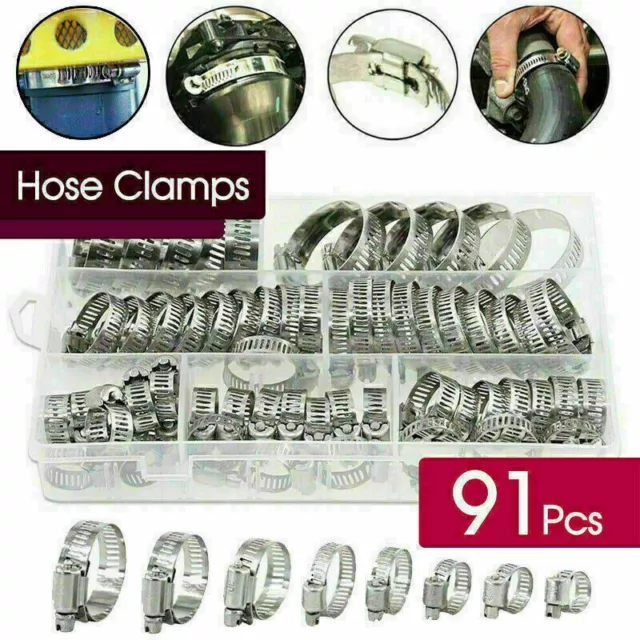 91X Stainless Steel Hose Clamps Clips Adjustable Range Worm Gear Pipe Clamp Kit