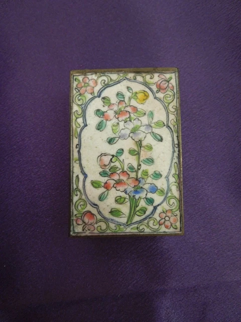 Antique Chinese Enamel Matchbox Cover Flowers Floral Hand Painted Brass