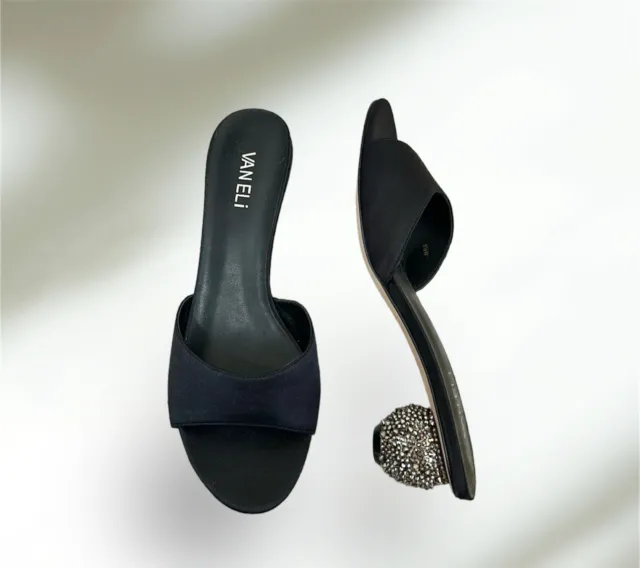 VANELI Stunning Black Satin Crystal Encrusted Heel Open Toe Mules Sandals sz 8.5