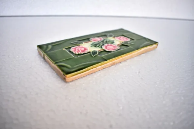Antique Tile Art Nouveau Majolica Japan Rose Ceramic Porcelain Green Floral "I06 2