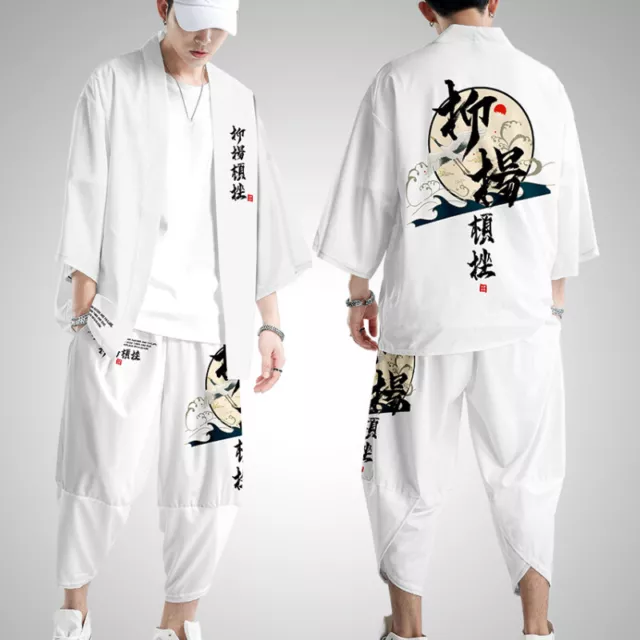 Uomo Crane Kimono Cappotto Giacca Top Pantaloni Giapponese Retrò Casual Sciolto 3